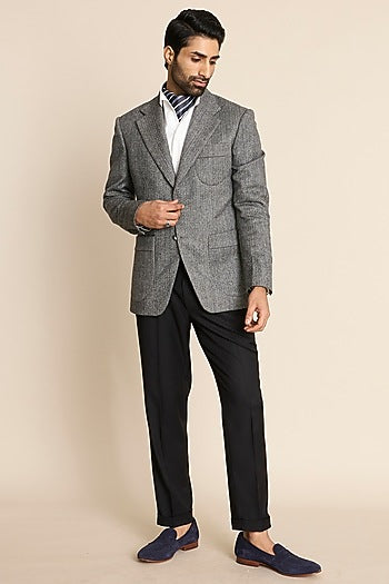 Grey Wool Flannel Herringbone Blazer