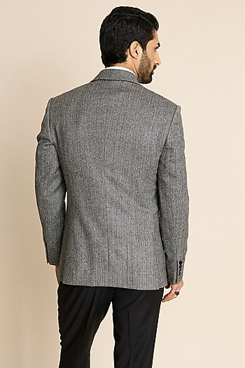 Grey Wool Flannel Herringbone Blazer
