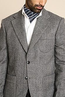 Grey Wool Flannel Herringbone Blazer