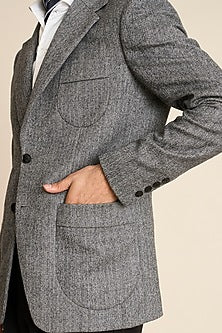 Grey Wool Flannel Herringbone Blazer