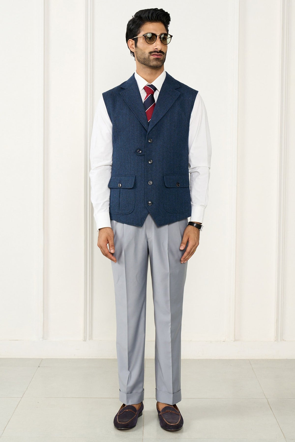 Navy Blue Wool Herringbone Waistcoat