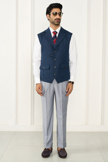 Navy Blue Wool Herringbone Waistcoat