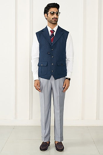 Navy Blue Wool Herringbone Waistcoat