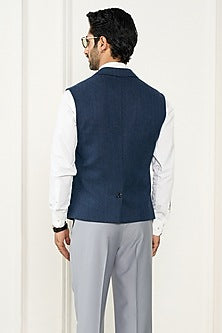 Navy Blue Wool Herringbone Waistcoat