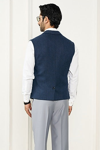 Navy Blue Wool Herringbone Waistcoat