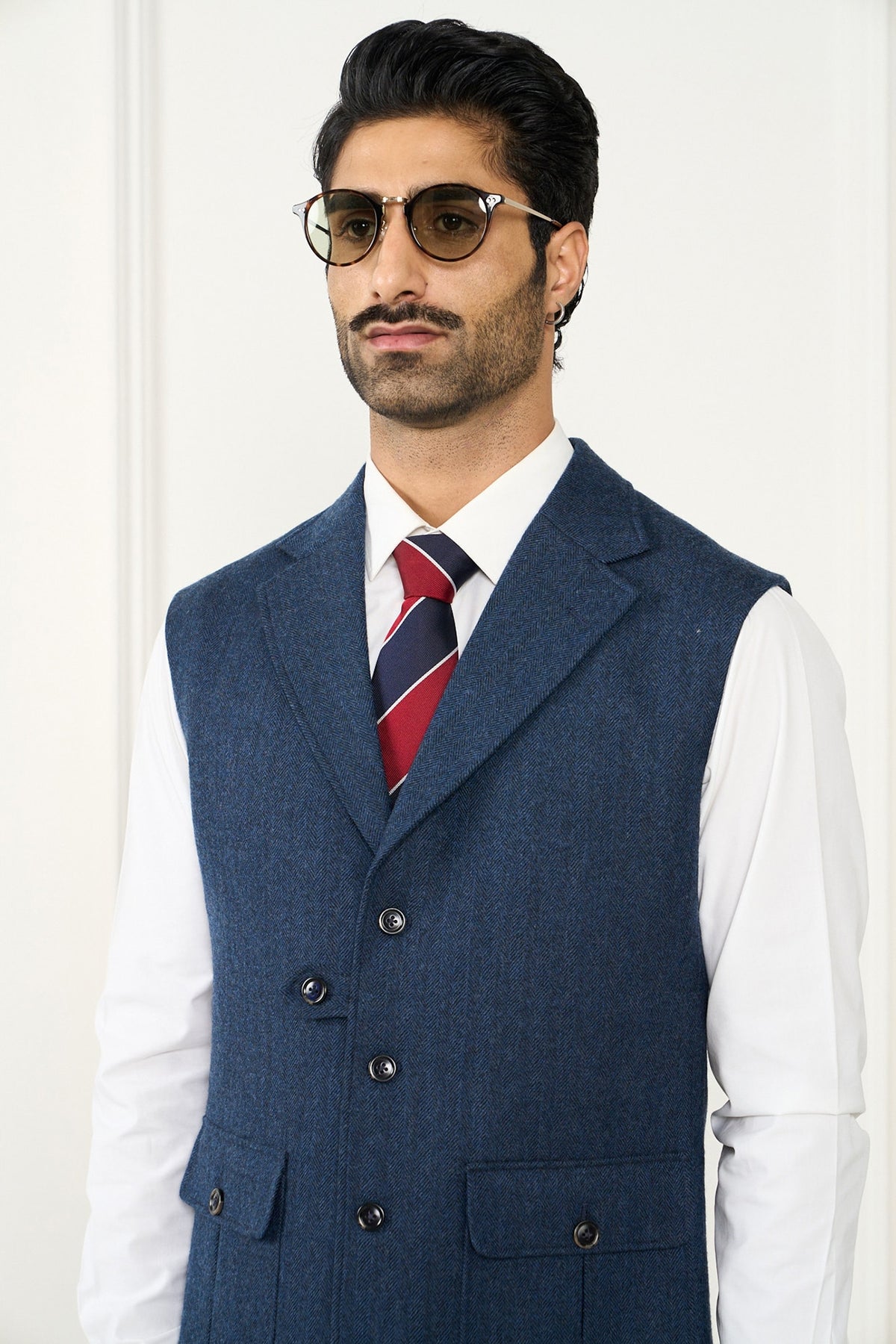 Navy Blue Wool Herringbone Waistcoat