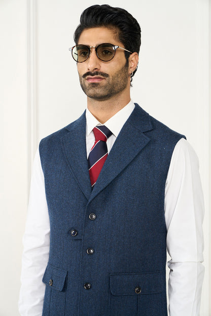 Navy Blue Wool Herringbone Waistcoat