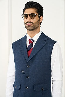 Navy Blue Wool Herringbone Waistcoat