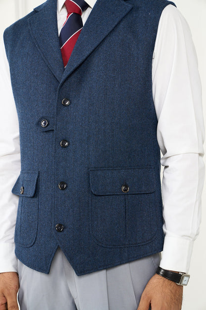 Navy Blue Wool Herringbone Waistcoat