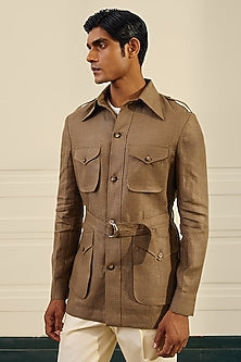 Olive Brown Linen Herringbone Safari Shacket