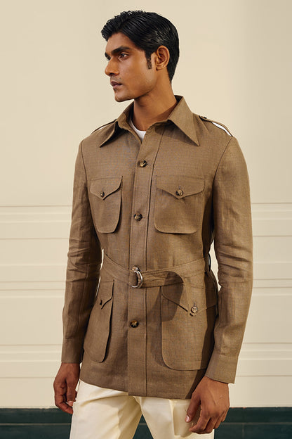 Olive Brown Linen Herringbone Safari Shacket