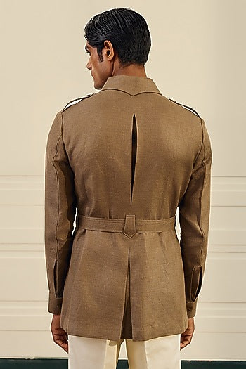 Olive Brown Linen Herringbone Safari Shacket