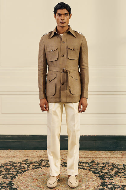 Olive Brown Linen Herringbone Safari Shacket