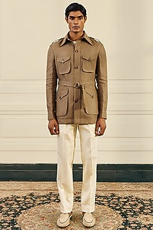Olive Brown Linen Herringbone Safari Shacket