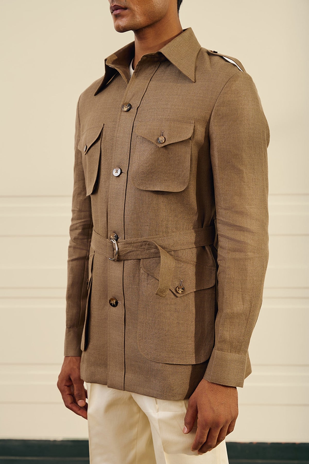 Olive Brown Linen Herringbone Safari Shacket