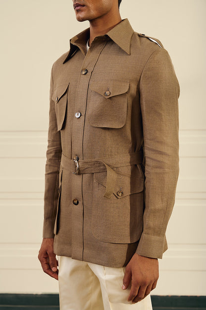Olive Brown Linen Herringbone Safari Shacket