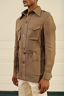 Olive Brown Linen Herringbone Safari Shacket