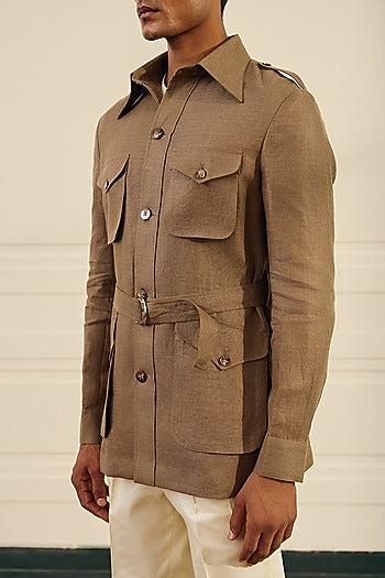 Olive Brown Linen Herringbone Safari Shacket