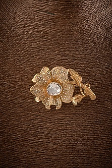 Gold Finish Kundan Polki Floral Brooch In Sterling Silver