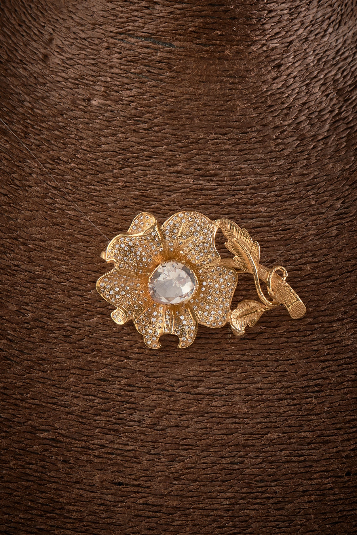Gold Finish Kundan Polki Floral Brooch In Sterling Silver