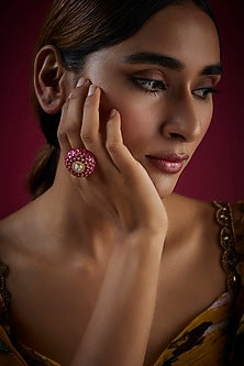 Gold Finish Red Stone Ring In Sterling Silver
