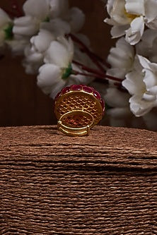 Gold Finish Red Stone Ring In Sterling Silver