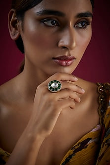 Gold Finish Green Stone Ring In Sterling Silver