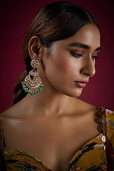 Gold Finish Kundan Polki Chandbali Earrings In Sterling Silver