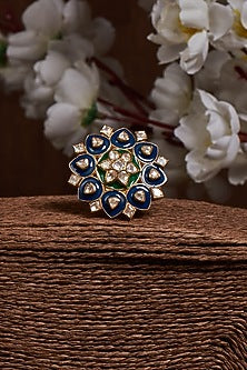 Gold Finish Kundan Polki Enamelled Ring In Sterling Silver