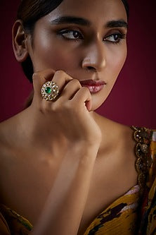 Gold Finish Kundan Polki Ring In Sterling Silver