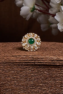 Gold Finish Kundan Polki Ring In Sterling Silver