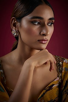 Gold Finish Kundan Polki Stud Earrings In Sterling Silver