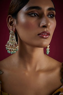 Gold Finish Kundan Polki & Pearl Dangler Earrings In Sterling Silver