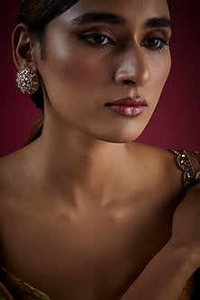 Gold Finish Kundan Polki Stud Earrings In Sterling Silver