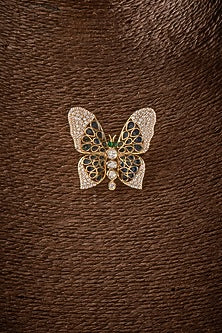 Gold Finish Kundan Polki Butterfly Brooch In Sterling Silver