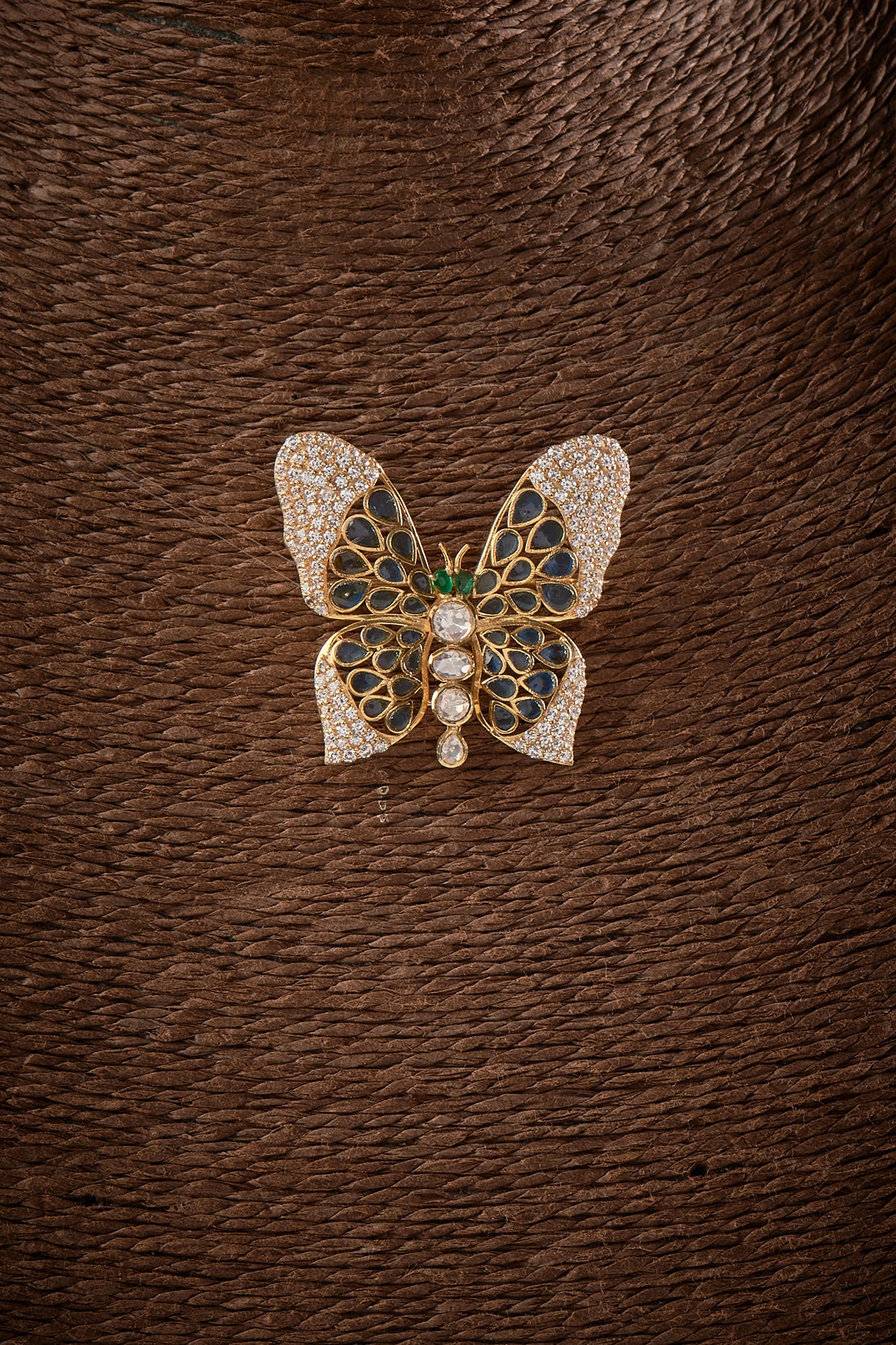 Gold Finish Kundan Polki Butterfly Brooch In Sterling Silver