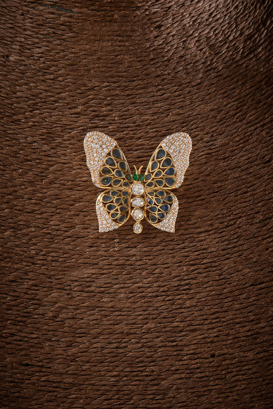 Gold Finish Kundan Polki Butterfly Brooch In Sterling Silver