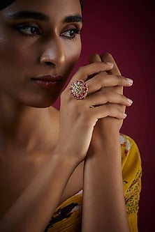 Gold Finish Kundan Polki Ring In Sterling Silver
