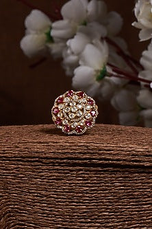 Gold Finish Kundan Polki Ring In Sterling Silver