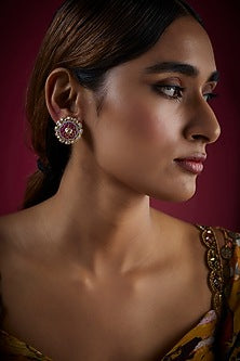 Gold Finish Kundan Polki Stud Earrings In Sterling Silver