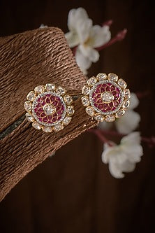 Gold Finish Kundan Polki Stud Earrings In Sterling Silver