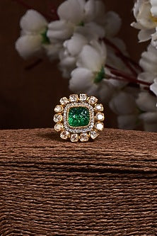 Gold Finish Kundan Polki Ring In Sterling Silver