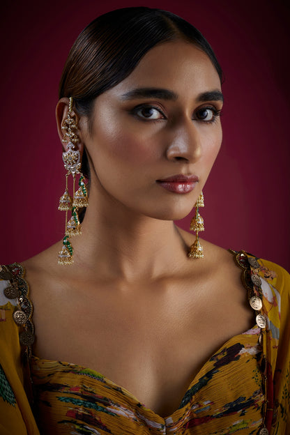 Gold Finish Kundan Polki Long Jhumka Earrings In Sterling Silver