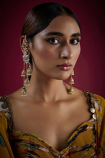 Gold Finish Kundan Polki Long Jhumka Earrings In Sterling Silver