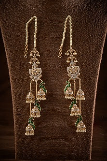 Gold Finish Kundan Polki Long Jhumka Earrings In Sterling Silver