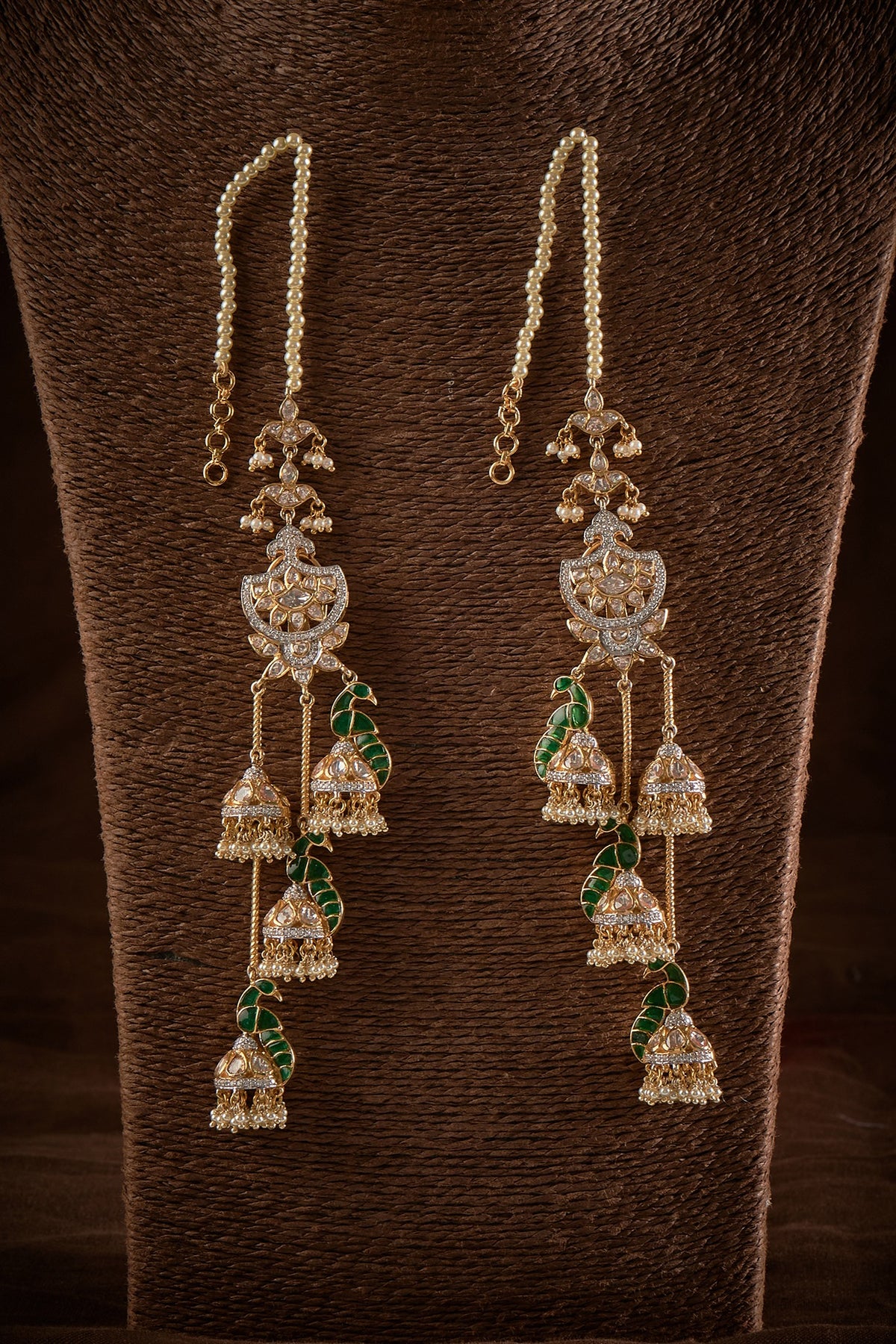 Gold Finish Kundan Polki Long Jhumka Earrings In Sterling Silver