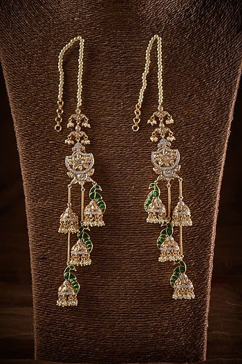 Gold Finish Kundan Polki Long Jhumka Earrings In Sterling Silver