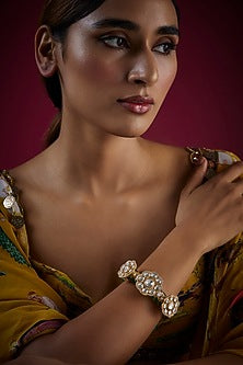 Gold Finish Kundan Polki Floral Kada In Sterling Silver