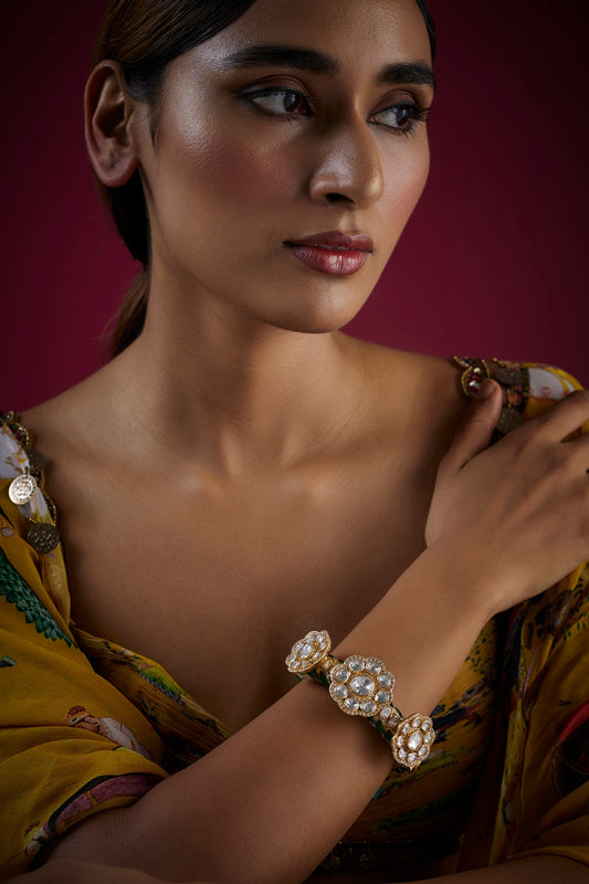 Gold Finish Kundan Polki Floral Kada In Sterling Silver