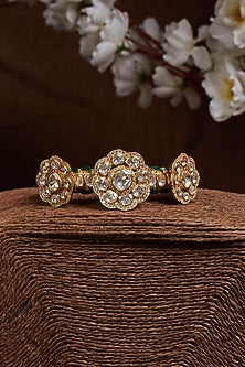 Gold Finish Kundan Polki Floral Kada In Sterling Silver